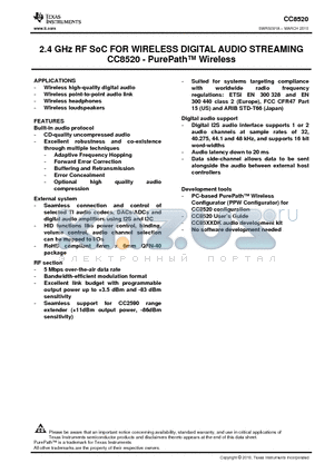 CC8520RHAR datasheet - 2.4 GHz RF SoC FOR WIRELESS DIGITAL AUDIO STREAMING CC8520 - PurePath Wireless