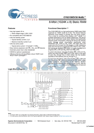 CY62158EV30LL-45BVXI datasheet - 8-Mbit (1024K x 8) Static RAM