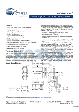 CY62167ELL datasheet - 16-Mbit (1 M  16 / 2 M  8) Static RAM