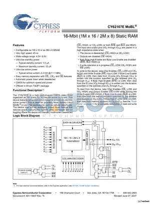 CY62167E datasheet - 16-Mbit (1M x 16 / 2M x 8) Static RAM