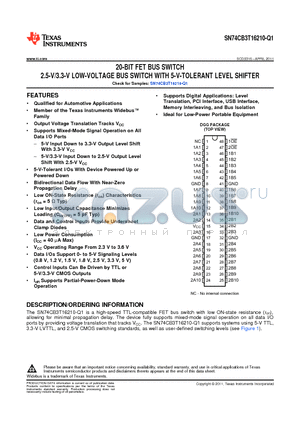 CCB3T16210QDGGRQ1 datasheet - 20-BIT FET BUS SWITCH 2.5-V/3.3-V LOW-VOLTAGE BUS SWITCH WITH 5-V-TOLERANT LEVEL SHIFTER