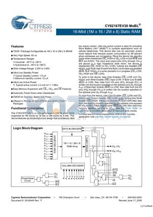 CY62167EV30LL-45BAXI datasheet - 16-Mbit (1M x 16 / 2M x 8) Static RAM