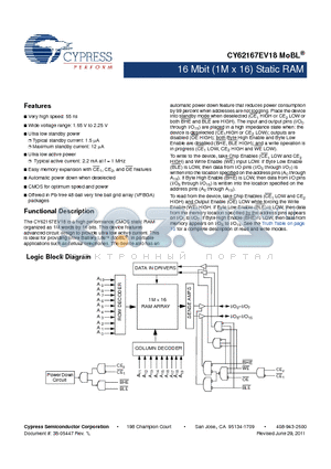 CY62167EV30LL-45BVI datasheet - 16 Mbit (1M x 16) Static RAM Automatic power down when deselected