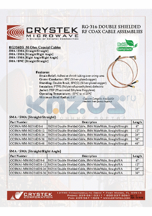 CCBNS-MM-RG316DS-12 datasheet - RG-316 Double Shielded RF Coax Cable As emblies