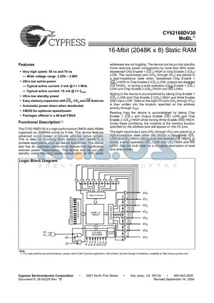 CY62168DV30 datasheet - 16-Mbit (2048K x 8) Static RAM