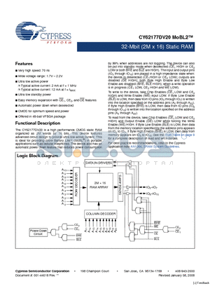 CY62177DV20 datasheet - 32-Mbit (2M x 16) Static RAM