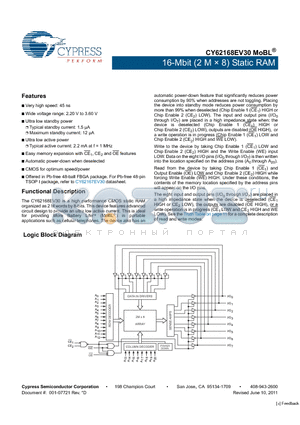 CY62168EV30_11 datasheet - 16-Mbit (2 M x 8) Static RAM Automatic power-down when deselected