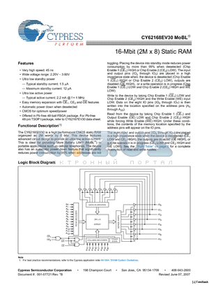 CY62177DV30L-70BAI datasheet - 16-Mbit (2M x 8) Static RAM