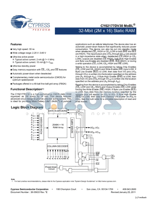 CY62177DV30LL datasheet - 32-Mbit (2M x 16) Static RAM