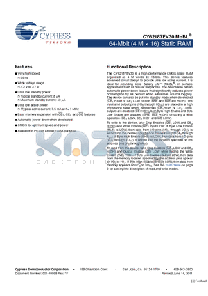 CY62187EV30LL datasheet - 64-Mbit (4 M x 16) Static RAM Ultra low standby power