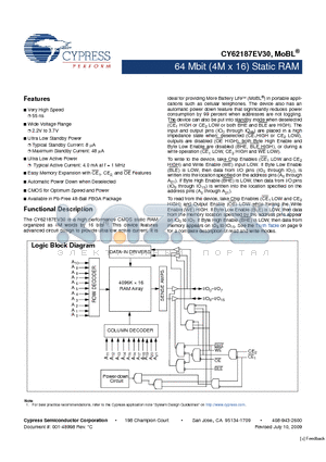 CY62187EV30LL-55BAXI datasheet - 64 Mbit (4M x 16) Static RAM