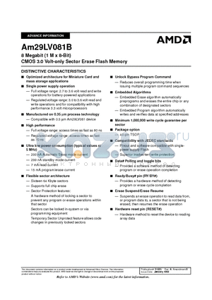 AM29LV081B-80FIB datasheet - 8 Megabit (1 M x 8-Bit) CMOS 3.0 Volt-only Sector Erase Flash Memory