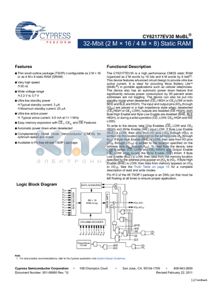 CY62177EV30 datasheet - 32-Mbit (2 M  16 / 4 M  8) Static RAM