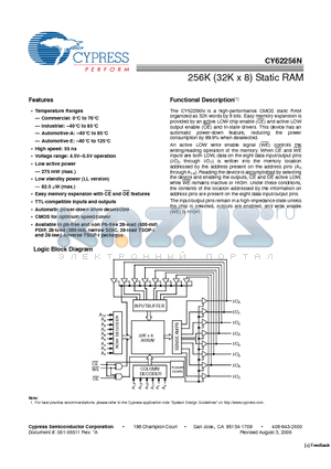 CY62256NL-70SNXI datasheet - 256K (32K x 8) Static RAM