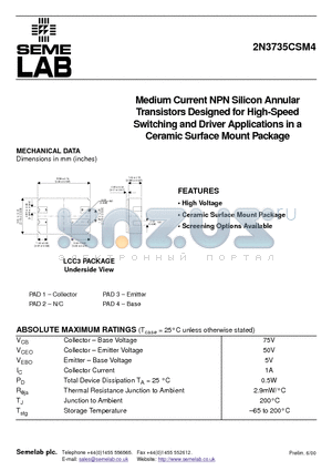 2N3735CSM4 datasheet - Medium Current NPN Silicon Annular