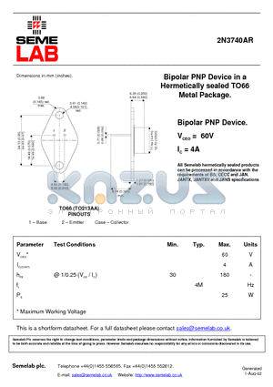 2N3740AR datasheet - Bipolar PNP Device in a Hermetically sealed TO66