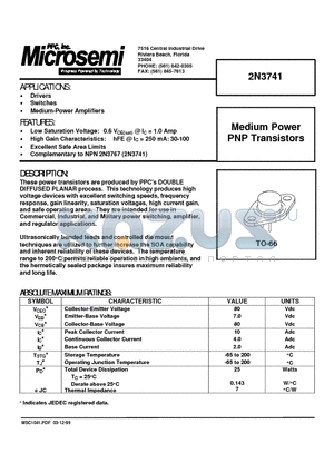 2N3741 datasheet - Medium Power PNP Transistors