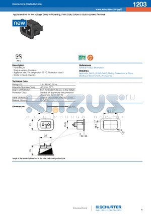 1203 datasheet - Appliance inlet for low voltage, Snap-in Mounting, Front Side, Solder or Quick-connect Terminal