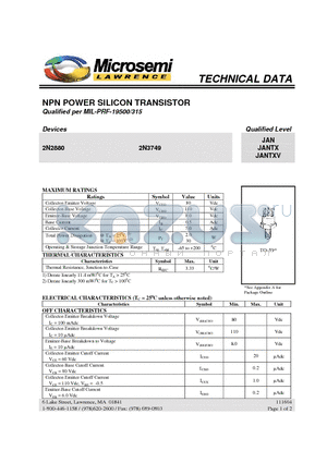 2N3749 datasheet - NPN POWER SILICON TRANSISTOR