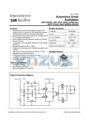 AUIR2085S datasheet - HIGH SPEED, 100V, SELF OSCILLATING 50% DUTY CYCLE, HALF-BRIDGE DRIVER