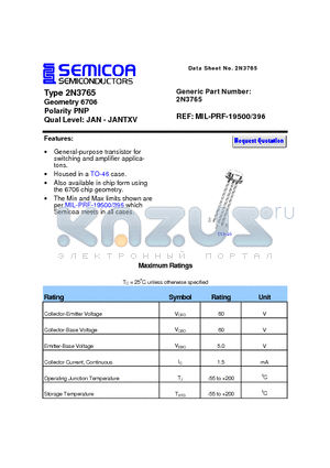 2N3765 datasheet - Type 2N3765 Geometry 6706 Polarity PNP