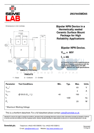 2N3766SMD05 datasheet - Bipolar NPN Device in a Hermetically sealed