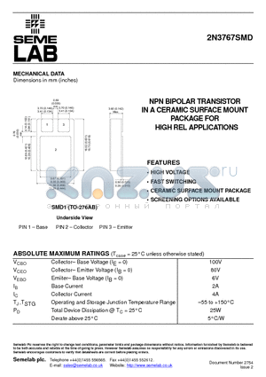 2N3767SMD datasheet - NPN BIPOLAR TRANSISTOR IN A CERAMIC SURFACE MOUNT PACKAGE FOR HIGH REL APPLICATIONS