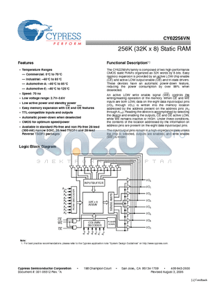 CY62256VNLL-70SNC datasheet - 256K (32K x 8) Static RAM