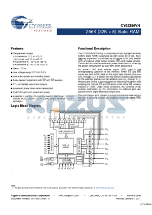 CY62256VN datasheet - 256K (32K  8) Static RAM