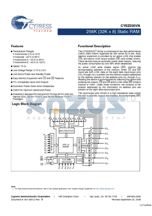 CY62256VNLL-70SNXI datasheet - 256K (32K x 8) Static RAM