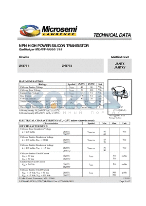 2N3772 datasheet - NPN HIGH POWER SILICON TRANSISTOR