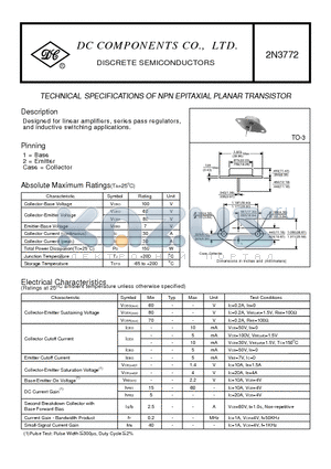 2N3772 datasheet - TECHNICAL SPECIFICATIONS OF NPN EPITAXIAL PLANAR TRANSISTOR