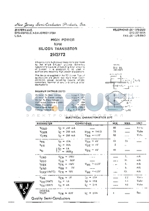 2N3772 datasheet - HIGH POWER NPN SILICON TRANSISTOR