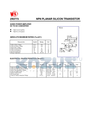 2N3773 datasheet - NPN PLANAR SILICON TRANSISTOR(AUDIO POWER AMPLIFIER DC TO DC CONVERTER)