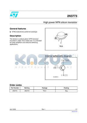 2N3773 datasheet - High power NPN silicon transistor