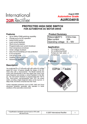 AUIR33401S datasheet - PROTECTED HIGH SIDE SWITCH FOR AUTOMOTIVE DC MOTOR DRIVE