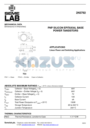 2N3792 datasheet - PNP SILICON EPITAXIAL BASE POWER TANSISTORS