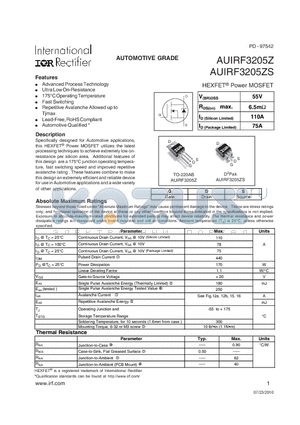 AUIRF3205ZS datasheet - HEXFET^ Power MOSFET