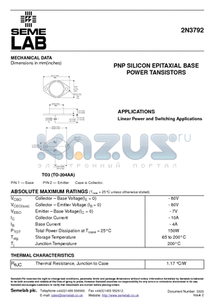 2N3792_02 datasheet - PNP SILICON EPITAXIAL BASE POWER TANSISTORS