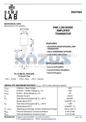 2N3799X datasheet - PNP, LOW NOISE AMPLIFIER TRANSISTOR