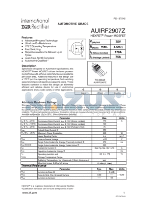 AUIRF2907Z datasheet - HEXFET^ Power MOSFET