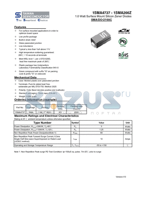 1SMA4744 datasheet - 1.0 Watt Surface Mount Silicon Zener Diodes