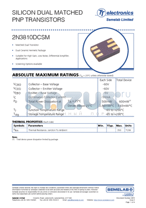 2N3810DCSM datasheet - SILICON DUAL MATCHED PNP TRANSISTORS