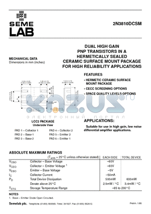 2N3810DCSM datasheet - DUAL HIGH GAIN PNP TRANSISTORS IN A HERMETICALLY SEALED CERAMIC SURFACE MOUNT PACKAGE FOR HIGH RELIABILITY APPLICATIONS