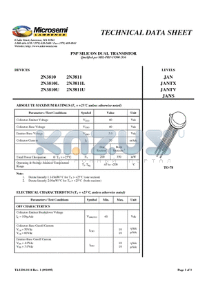 2N3810L datasheet - PNP SILICON DUAL TRANSISTOR