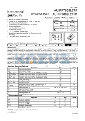 AUIRF7669L2TR1 datasheet - Automotive DirectFET Power MOSFET