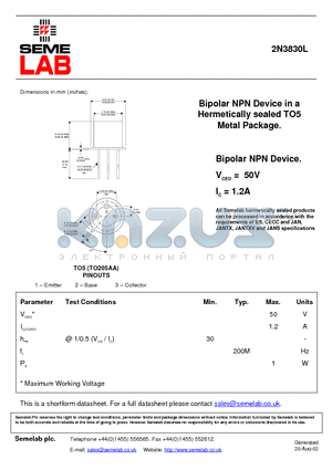 2N3830L datasheet - Bipolar NPN Device in a Hermetically sealed TO5 Metal Package