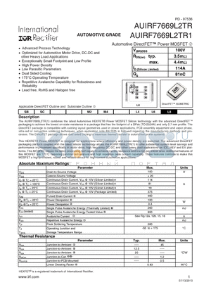 AUIRF7669L2TR datasheet - Automotive DirectFET Power MOSFET