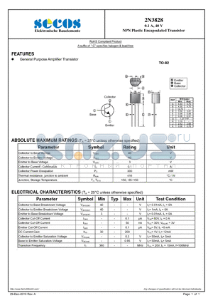 2N3828 datasheet - NPN Plastic Encapsulated Transistor