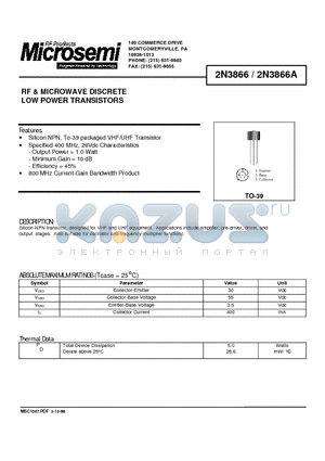 2N3866 datasheet - RF & MICROWAVE DISCRETE LOW POWER TRANSISTORS